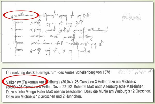 Die erste urkundliche Erwähnung von Falkenau im Steuerregister des Amtes Schellenberg aus dem Jahr 1378