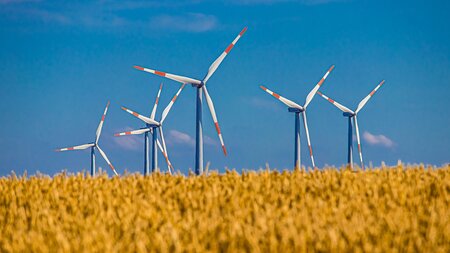 Windräder stehen auf einem Feld. Foto: Pixabay/ Alexander Droeger