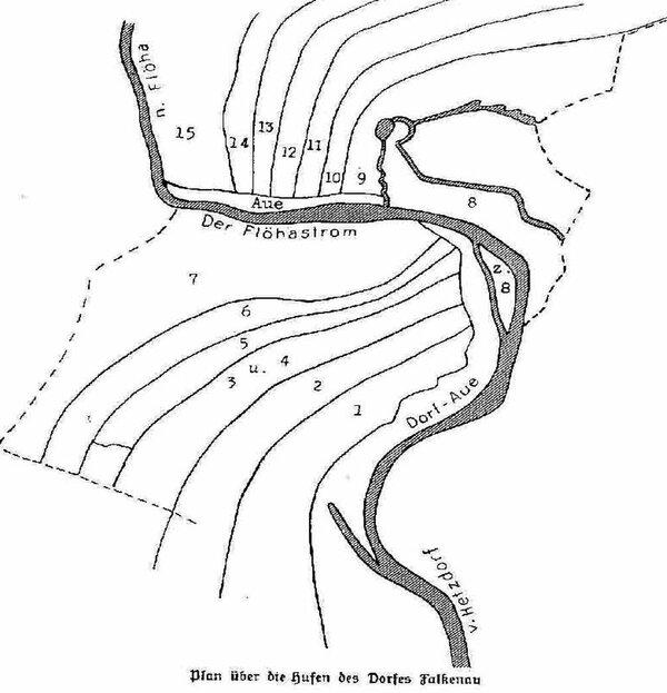 Hufenplan von Falkenau zur Zeit der Besiedlung, vermutlich zwischen 1160 und 1180, veröffentlicht in der Ortschronik von Seifert. Die Quelle ist unbekannt.